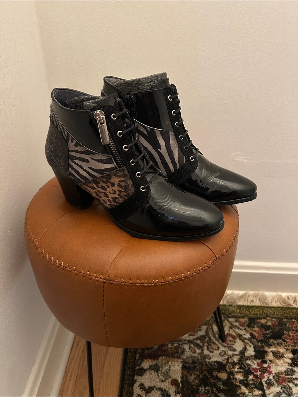 Unity in Diversity Black Patent Mixed-Animal Lace-Up Ankle Booties with Side Zip